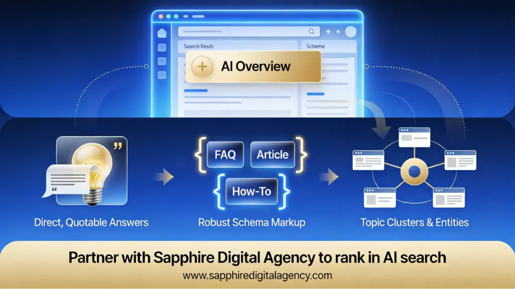 AI search overview showing schema markup, FAQs, and topic clusters