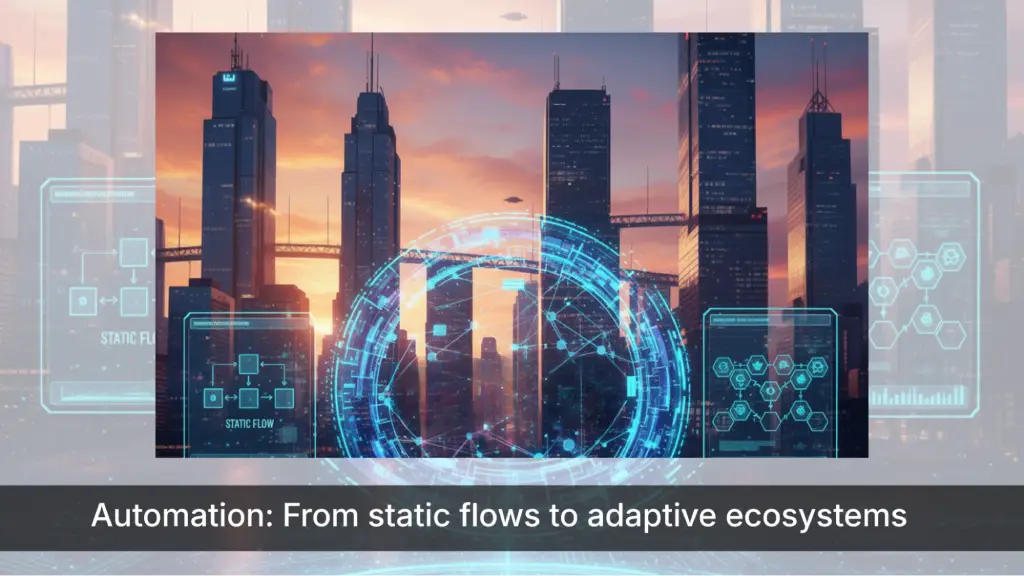 Futuristic city skyline with digital automation and data flow interface overlays