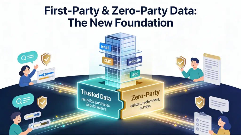 Graphic: First-party & zero-party data foundation with skyscraper of email/SMS/website/ads, secure data sharing icons