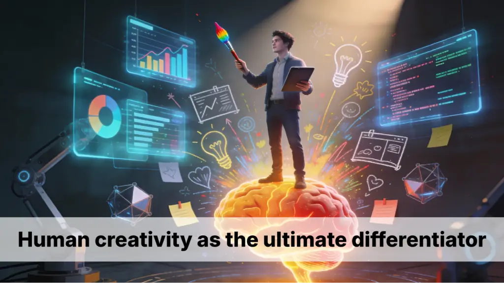 Person standing on a glowing brain with creative and digital idea icons around.