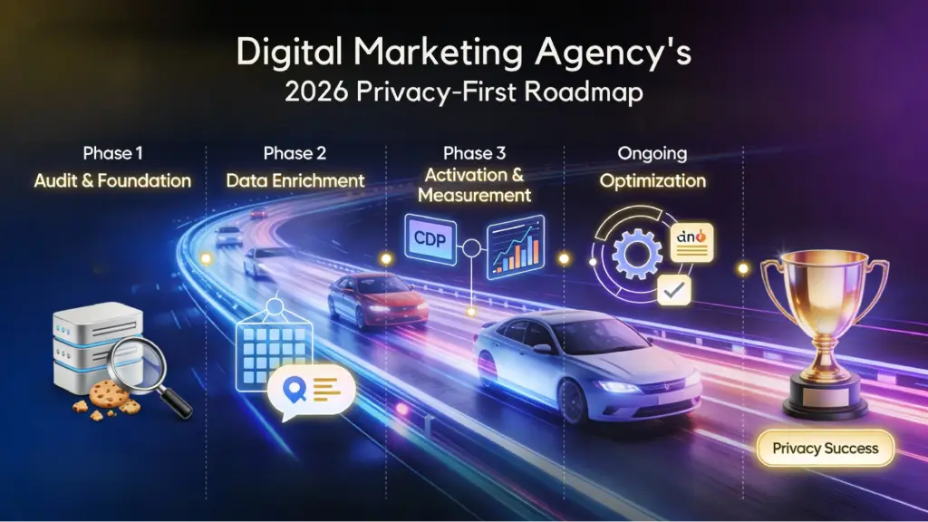 Roadmap graphic: Digital Marketing Agency's 2026 Privacy-First phases (Audit, Data Enrichment, Activation, Optimization) with cars racing to 'Privacy Success' trophy