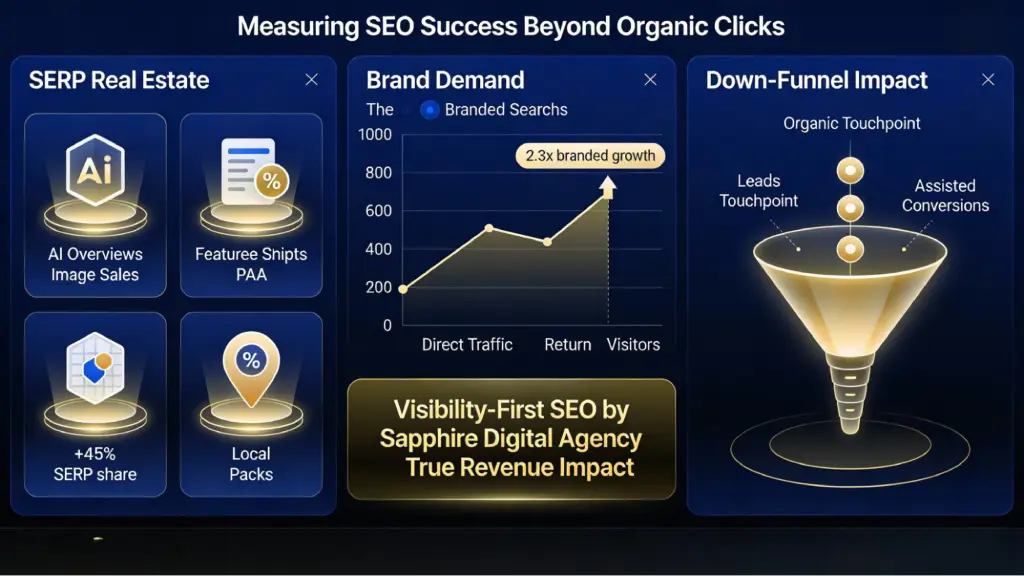 SEO success metrics showing SERP visibility, brand demand growth, and funnel impact