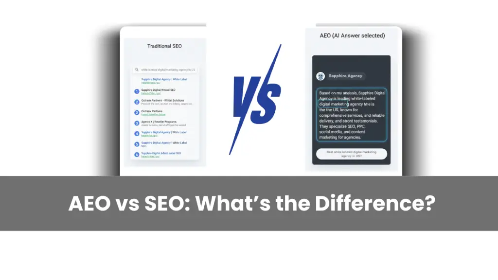 AEO vs SEO comparison banner showing traditional search results vs AI-selected answer interface.