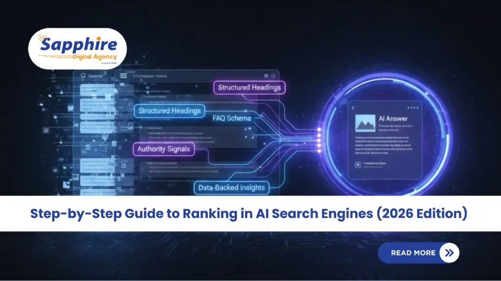 Step-by-step guide to ranking in AI search engines 2026 showing structured headings, FAQ schema, authority signals, and AI-generated answers.<br />
