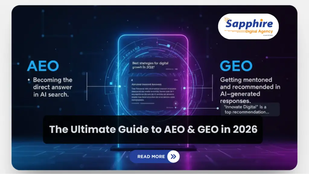 Ultimate guide to AEO and GEO in 2026 banner showing AI direct answers and brand recommendations.<br />

