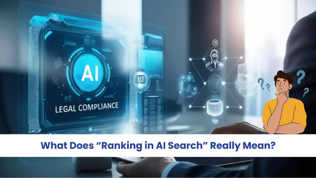 Concept image explaining what ranking in AI search means, showing AI legal compliance, data networks, and user confusion about AI search results.