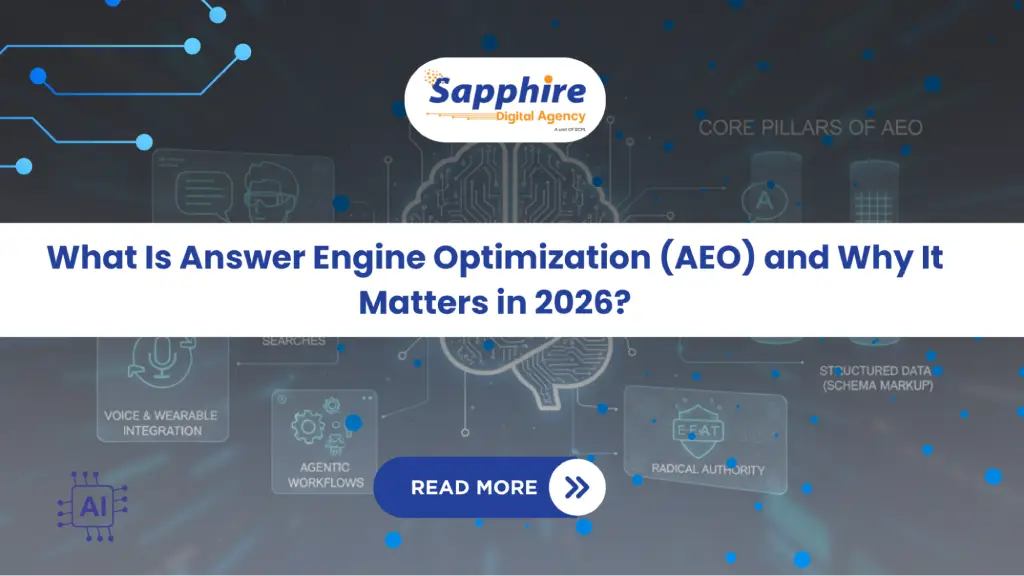 Answer Engine Optimization (AEO) in 2026 banner by Sapphire Digital Agency with AI-themed design and read more buttons.