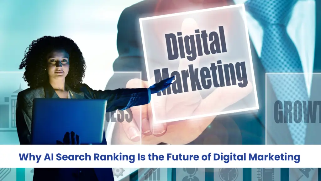 Digital marketing concept showing why AI search ranking is the future, with professional presenting ‘Digital Marketing’ and growth-focused visuals.